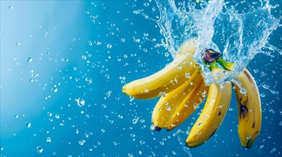 A bunch of yellow fresh bananas immersed in water and produce splash, AI generated