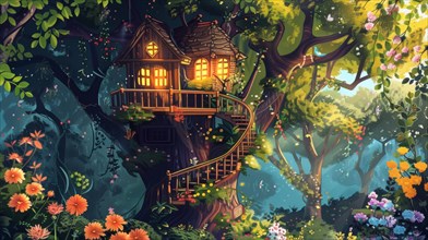 A cozy treehouse with warm lights is nestled in an enchanted twilight forest, surrounded by vibrant