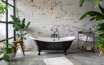 Modern bathroom with a large black bathtub and a mirror, AI generated