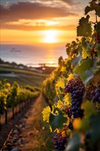 AI generated close up view of a coastal vineyard with ocean in the background in ambient light