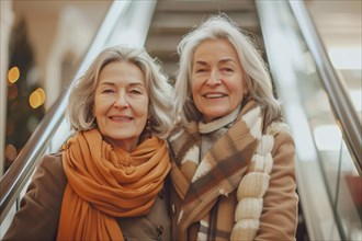 Smiling elderly twin women dressed alike on an escalator, AI generated