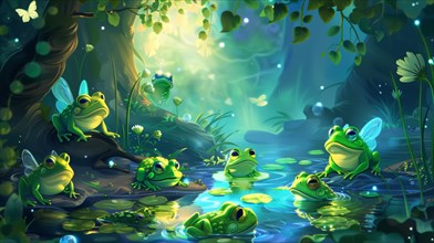 A group of frogs enjoying sunlight by a pond, creating a vibrant and peaceful scene, AI generated