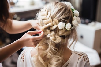 Hairdresser styling beautiful bridal hairstyle with white flowers. KI generiert, generiert, AI