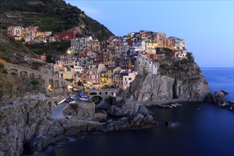 Dusk falls on Manarola and sets the colourful houses and the festive lighting in the right light,