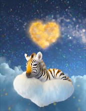 Whimsical illustration of a zebra on a cloud under a starry sky with a glowing heart constellation,