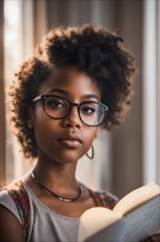 Portrait of a girl with glasses deeply focused on reading a book, AI generated