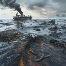 A ship causes smoke and oil pollution in a storm-tossed sea, pollution, environmental protection,