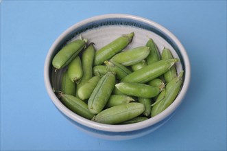 Peas in a bowl on a blue background