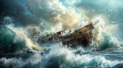 Noah Ark is in the water with a group of people and animals on it, AI generated