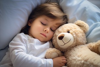 Young toddler child with teddy bear sleeping in bed. KI generiert, generiert, AI generated