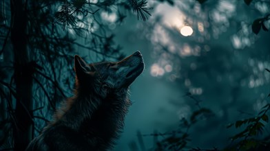 A contemplative wolf in a serene forest as dusk settles with the moon in the background, AI