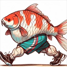 Imaginative and vibrant illustration of a goldfish character jogging in sportswear, combining