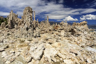 Sharp-edged tufa towers against a cloudy sky in a rugged landscape, Mono Lake, North America, USA,