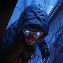 A burglar with night vision goggles climbs through a window at night, burglary, burglar, home