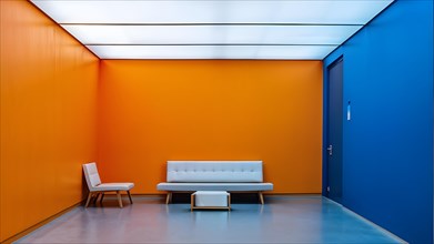 AI generated architectural minimalism featuring an intersection of orange and blue walls