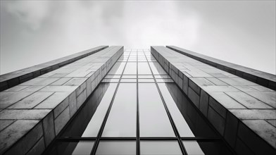 Symmetrical greyscale image viewed from below a modern building, showcasing its geometric design,