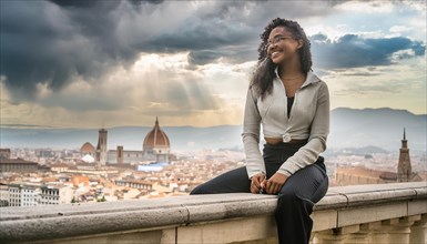 A smiling woman with glasses enjoying the view of Florence's cityscape on an overcast day, AI