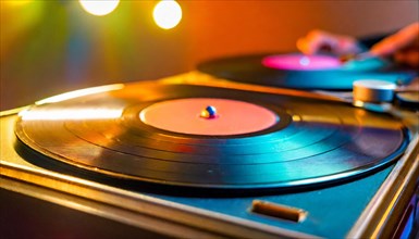 Close-up of a DJ's turntable in a nightclub with colorful lighting setting the mood for a music