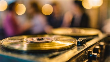 A vinyl record on a turntable with a golden bokeh effect in the foreground, AI generated