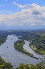 View from the Drachenfels, mountain in the Siebengebirge to the Rhine with Nennenwerth Island