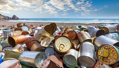 Symbol photo, many empty tin cans, partly crushed, rusty, dirty, lying on the beach, AI generated,