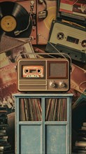 Retro styled image with vintage music equipment and vinyl records, AI generated