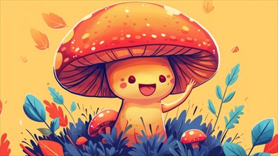An adorable mushroom character with a cheerful demeanor nestles among colorful leaves, AI generated