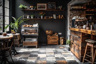 Rustic cafe interior with wooden furniture, pastries on display, and checkered floor, AI generated