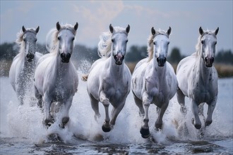 Group of white horses running in the water, AI generated