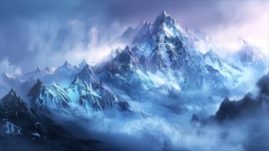 Majestic snowy mountain peaks bathed in twilight with blue and purple hues, AI generated