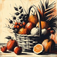 Vibrant sketch of a fruit basket, capturing the texture and abundance of its contents, AI generated