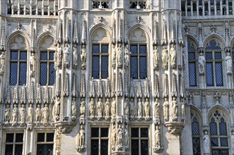 Decorated with numerous sculptures: City Hall, Grand Place, Brussels, Belgium, Benelux, Europe