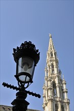 Street lamp, behind it the town hall with Gothic tower, Grand Place, Brussels, Belgium, Benelux,