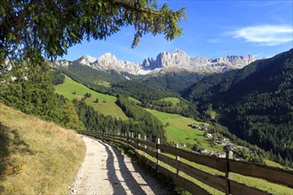 Sunlit hiking trail with a view of the mountain landscape and bright blue sky, Italy, Alto Adige,