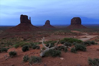 The rock formations of the desert rise majestically in the blue hour under a wide sky, Monument
