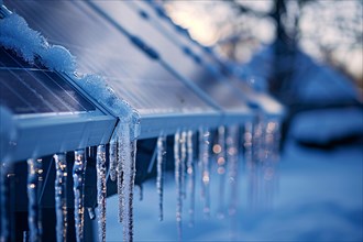 Close up of frozen photovoltaic solar panel covered in ice. KI generiert, generiert, AI generated