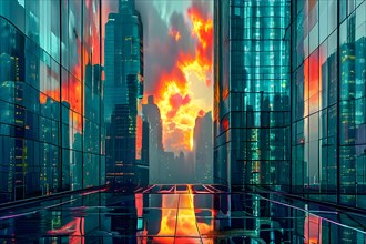 AI generated illustration of a cityscape with skyscrapers and holographic elements in vibrant color