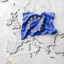 EU flag on a raised map of Europe, symbolic representation, AI generated