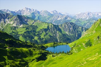 Panorama from Zeigersattel to Seealpsee, Allgaeu Alps, Allgaeu, Bavaria, Germany, Europe
