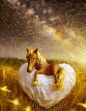 An imaginative scene with a sparkling horse on a soft nest, radiating a magical ambiance, AI
