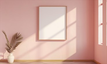 A blank image frame mockup on a blush pink wall AI generated