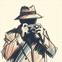 A detective in a trench coat and hat taking a photo captured in a sketch with beige and orange