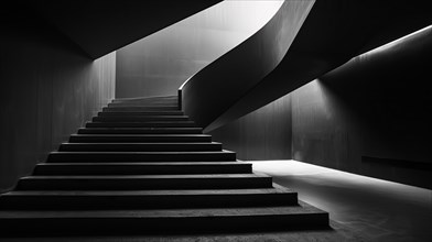 A monochrome image showcasing the spiral design of a modern staircase with contrasting shadows, AI