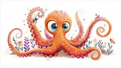 A cheerful cartoonish octopus with bright colors and whimsical floral elements, AI generated