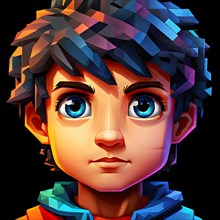 AI generated boys human head digitalised in pixel art style presenting a mosaic of vibrant hues in