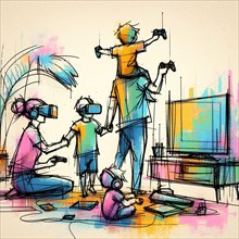 A vibrant sketch showing a family experiencing virtual reality gaming, AI generated