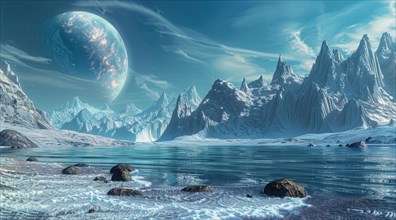 A planet with beautiful alien landscape. Extraterrestrial space travel to a different world, AI