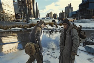 Imaginary interaction between human dressed King penguin and Monkey in a city in a wintery