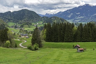 View from the Alpe Dornach to Tiefenbach and the Allgaeu Alps, Oberstdorf, Oberallgaeu, Allgaeu,