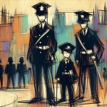 Stylized sketch of three police officers, including a child in uniform, AI generated